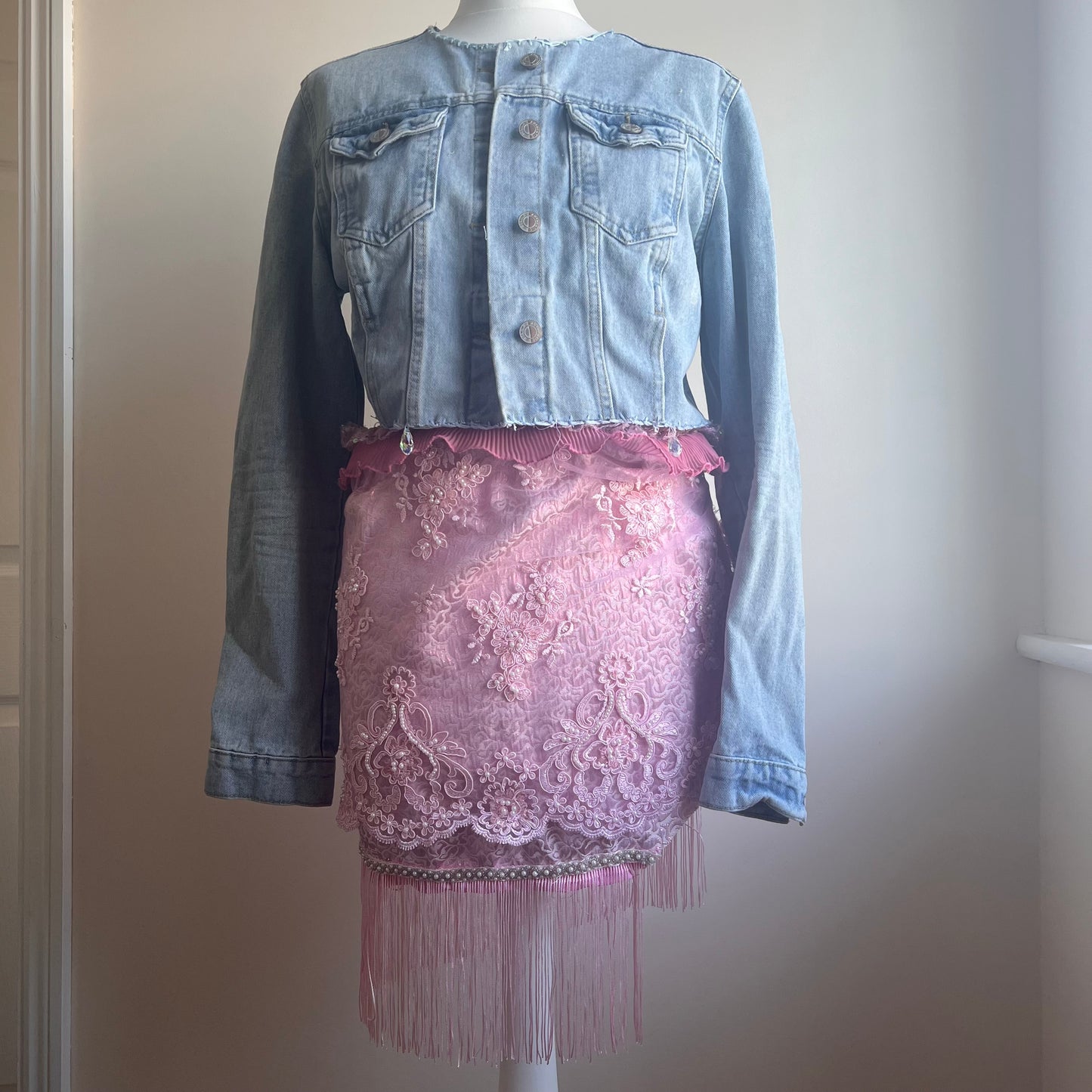 Pink Lace Embroidered Embellished Skirt with Upcycled Blanket Stitch Embroidery Cropped Denim Jacket