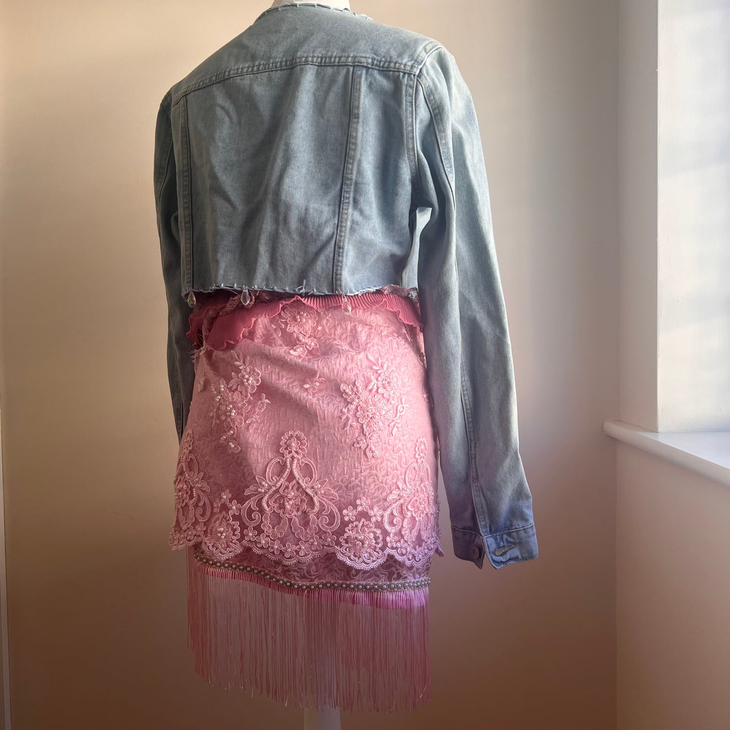 Pink Lace Embroidered Embellished Skirt with Upcycled Blanket Stitch Embroidery Cropped Denim Jacket